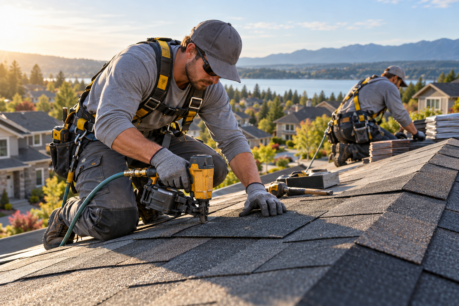 Roofers carefully repairing asphalt roof shingles