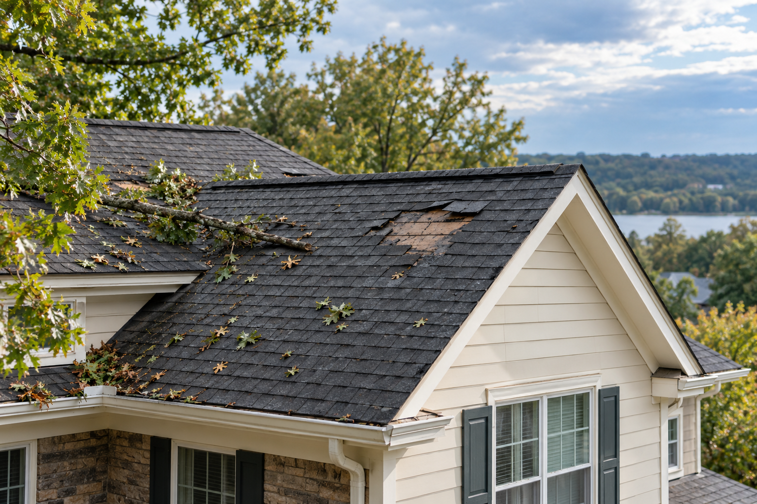A residential roof with localized missing shingles and storm debris